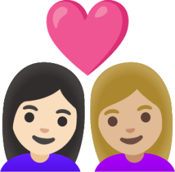 couple with heart: woman, woman, light skin tone, medium-light skin tone emoji