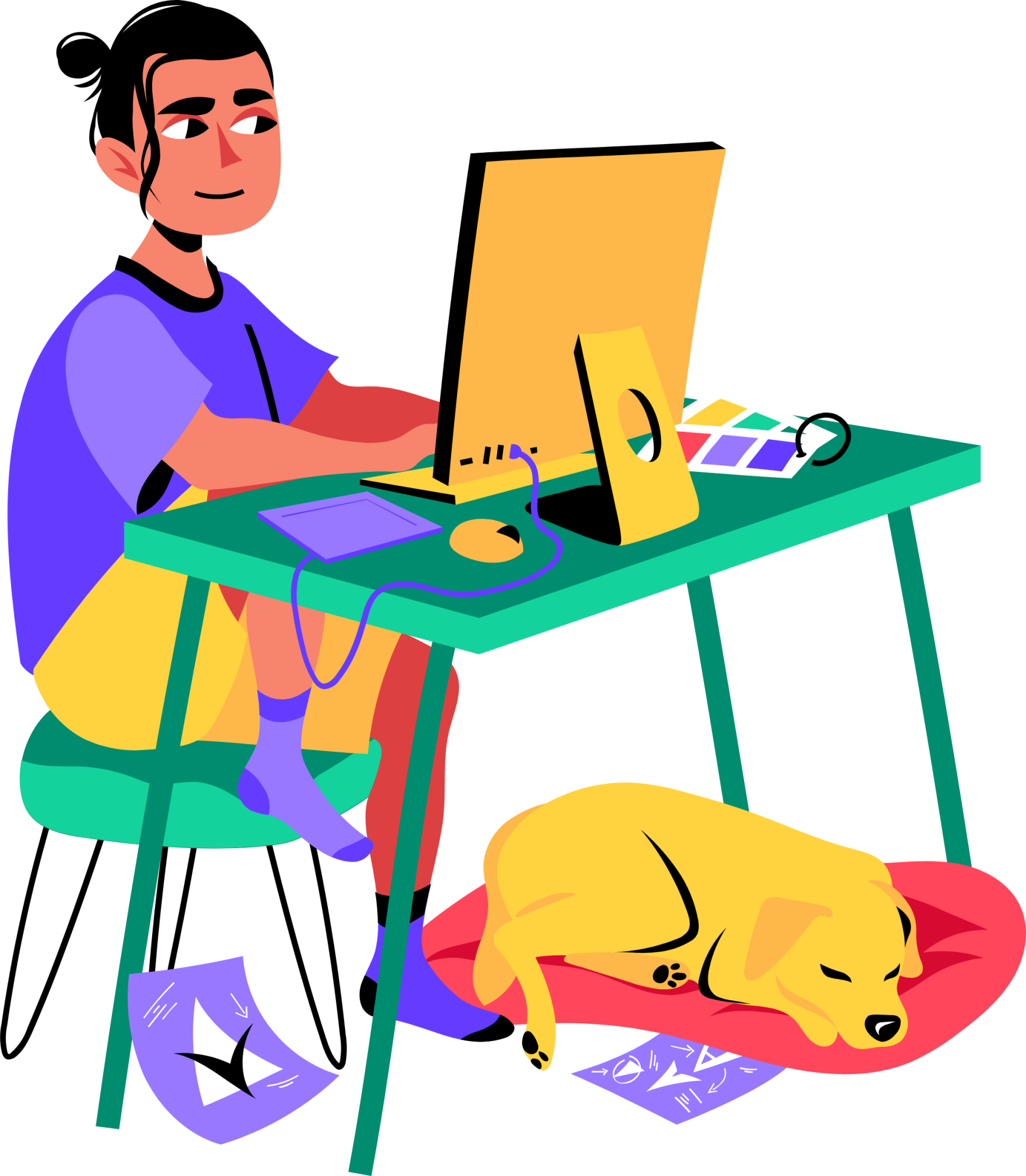 dog working desk illustration
