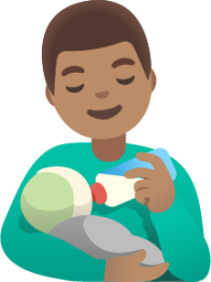 man feeding baby: medium skin tone emoji