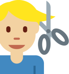 man getting haircut: medium-light skin tone emoji