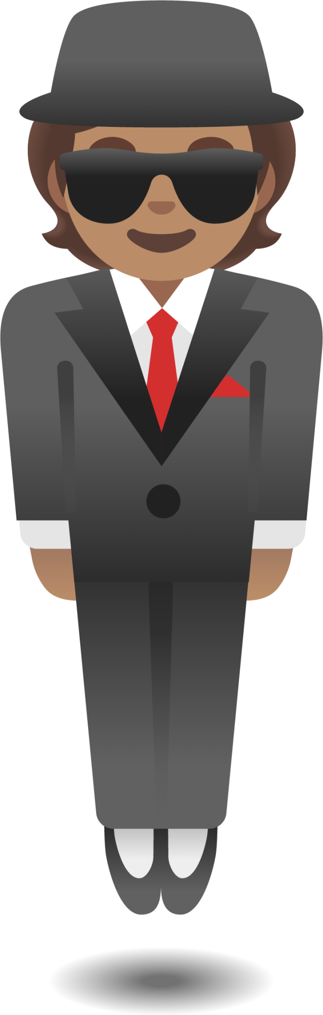 man in business suit levitating: medium skin tone emoji