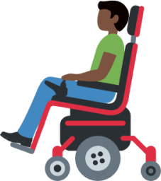 man in motorized wheelchair: dark skin tone emoji