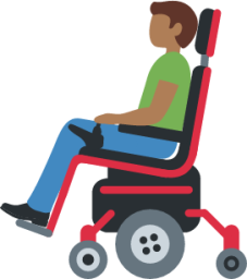 man in motorized wheelchair: medium-dark skin tone emoji