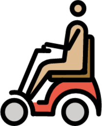 man in motorized wheelchair: medium-light skin tone emoji