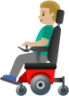 man in motorized wheelchair: medium-light skin tone emoji