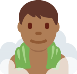 man in steamy room: medium-dark skin tone emoji