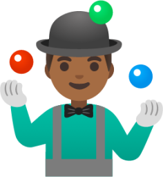man juggling: medium-dark skin tone emoji