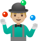 man juggling: medium-light skin tone emoji
