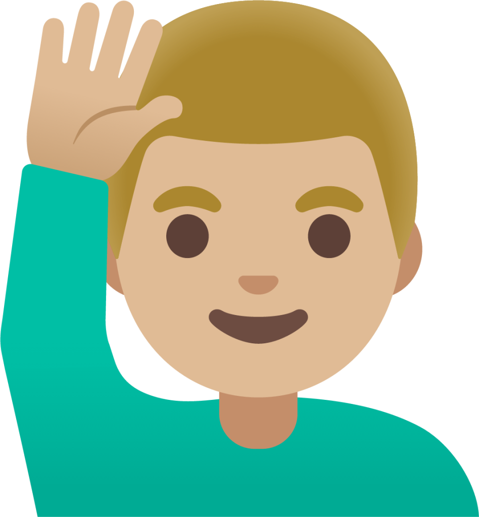 man raising hand: medium-light skin tone emoji