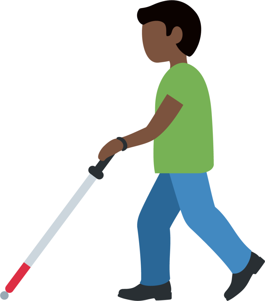 man with white cane: dark skin tone emoji