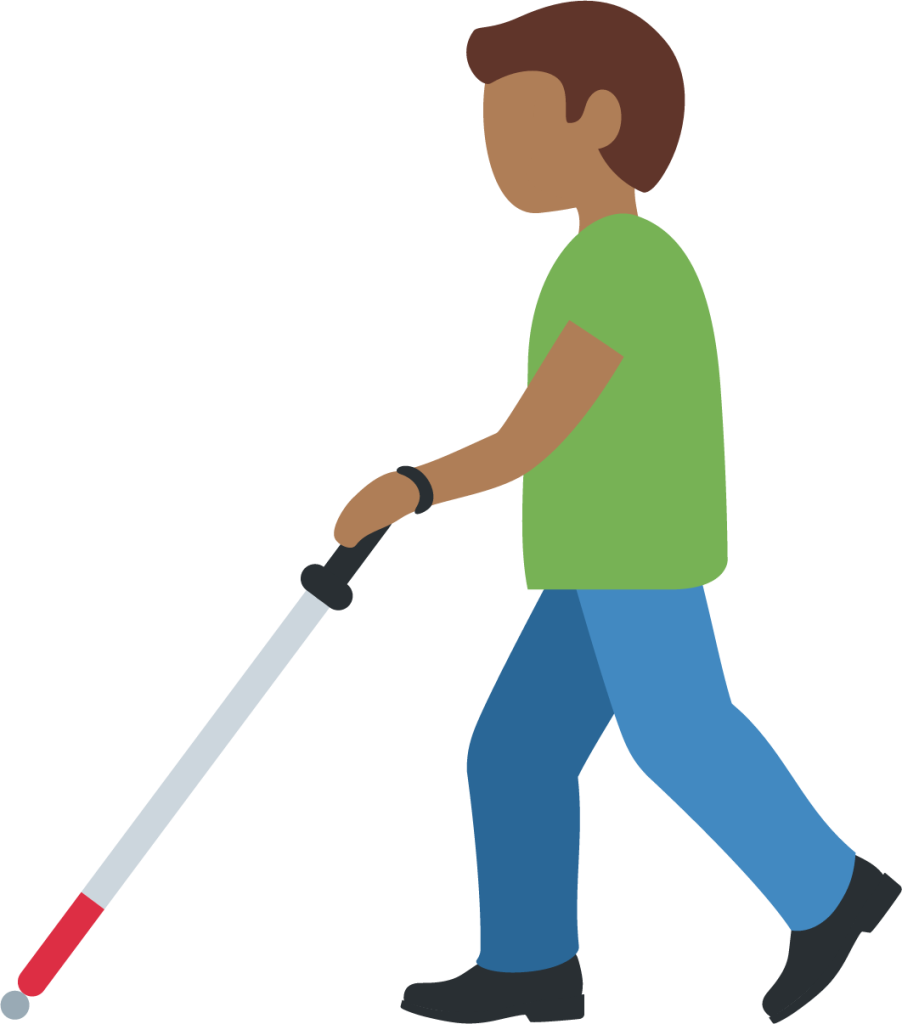 man with white cane: medium-dark skin tone emoji