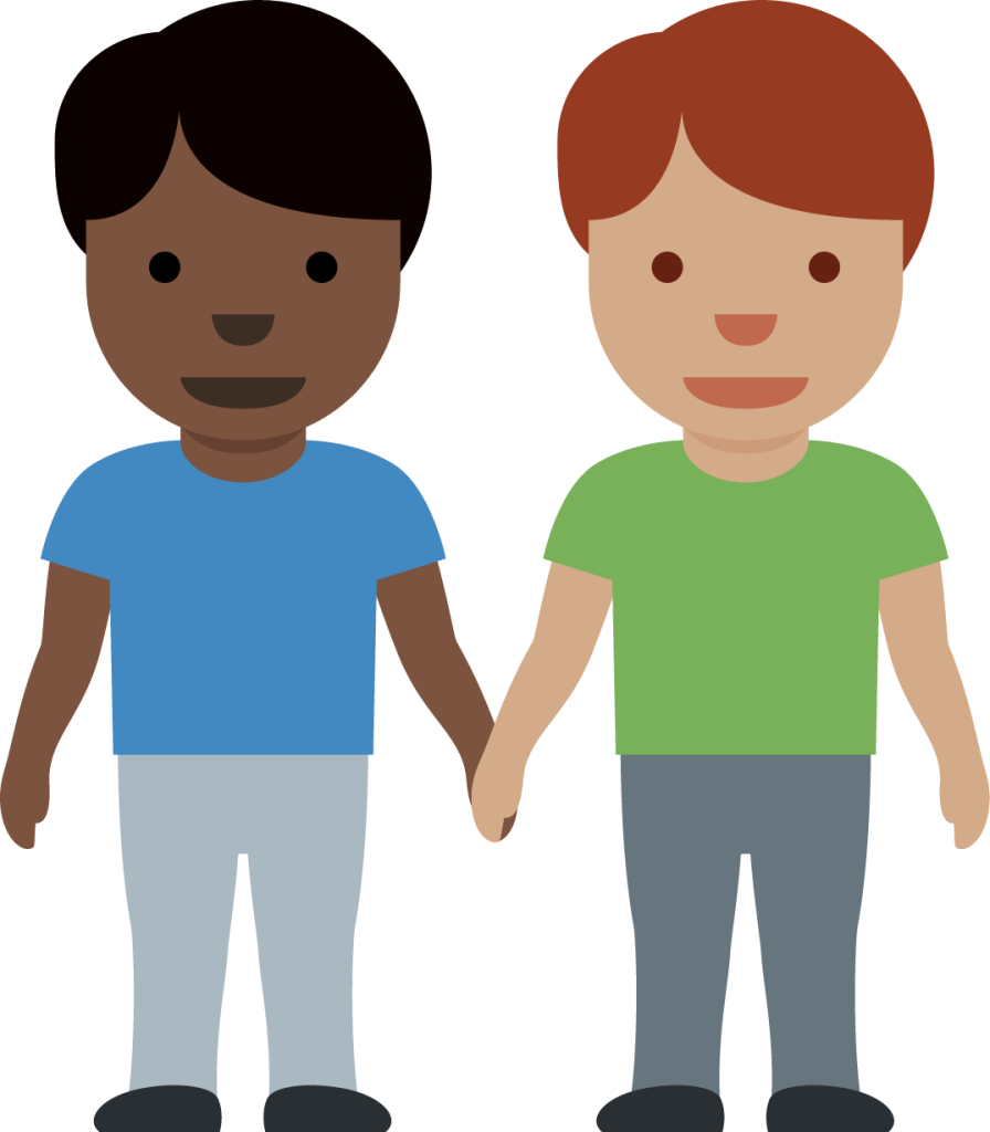 men holding hands: dark skin tone, medium skin tone emoji
