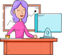 person happy computer desk work office illustration