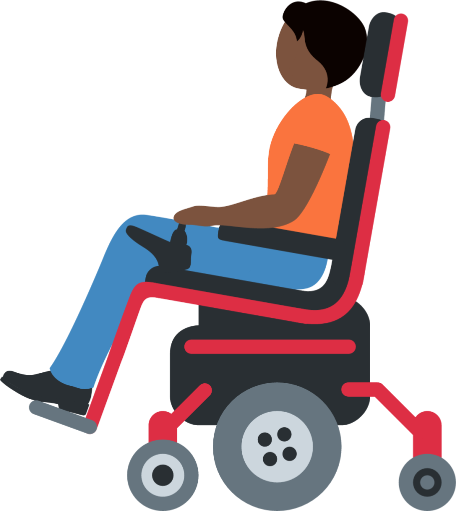 person in motorized wheelchair: dark skin tone emoji