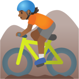 person mountain biking: medium-dark skin tone emoji