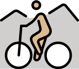 person mountain biking: medium-light skin tone emoji