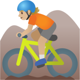 person mountain biking: medium-light skin tone emoji