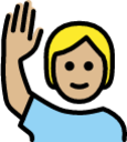 person raising hand: medium-light skin tone emoji