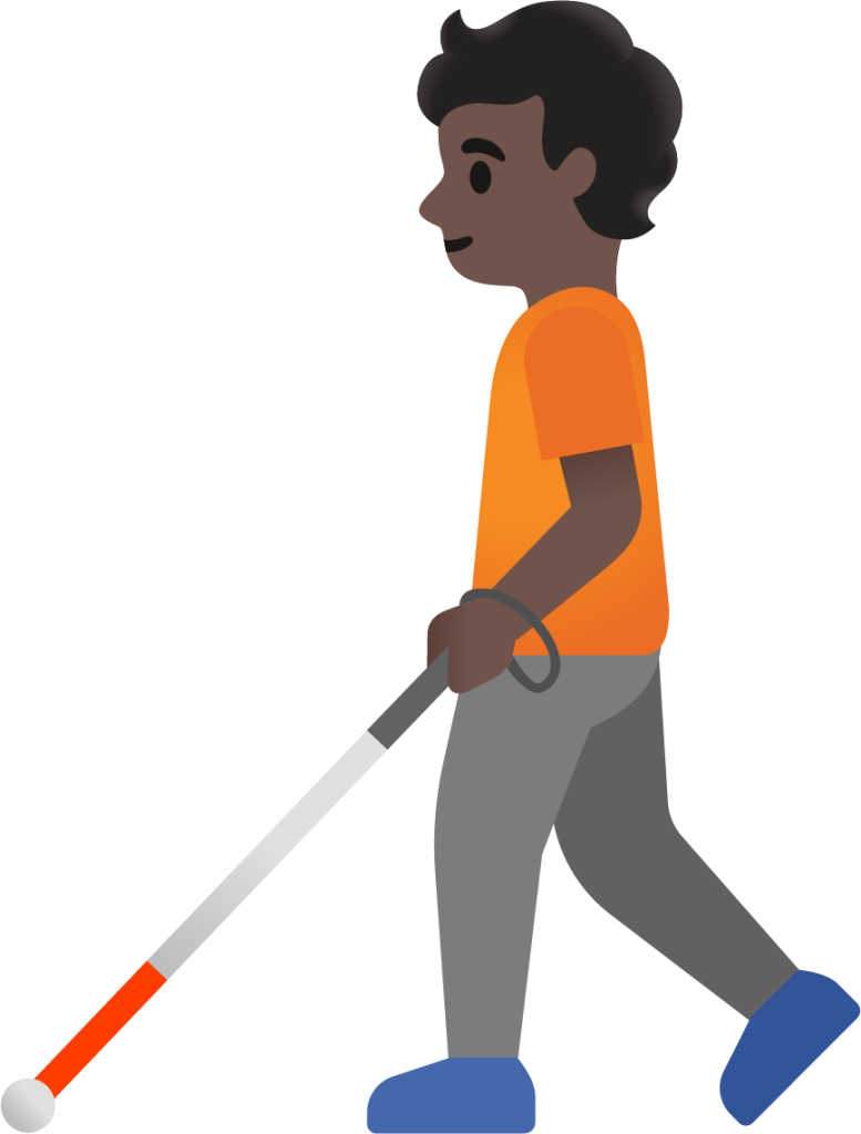 person with white cane: dark skin tone emoji