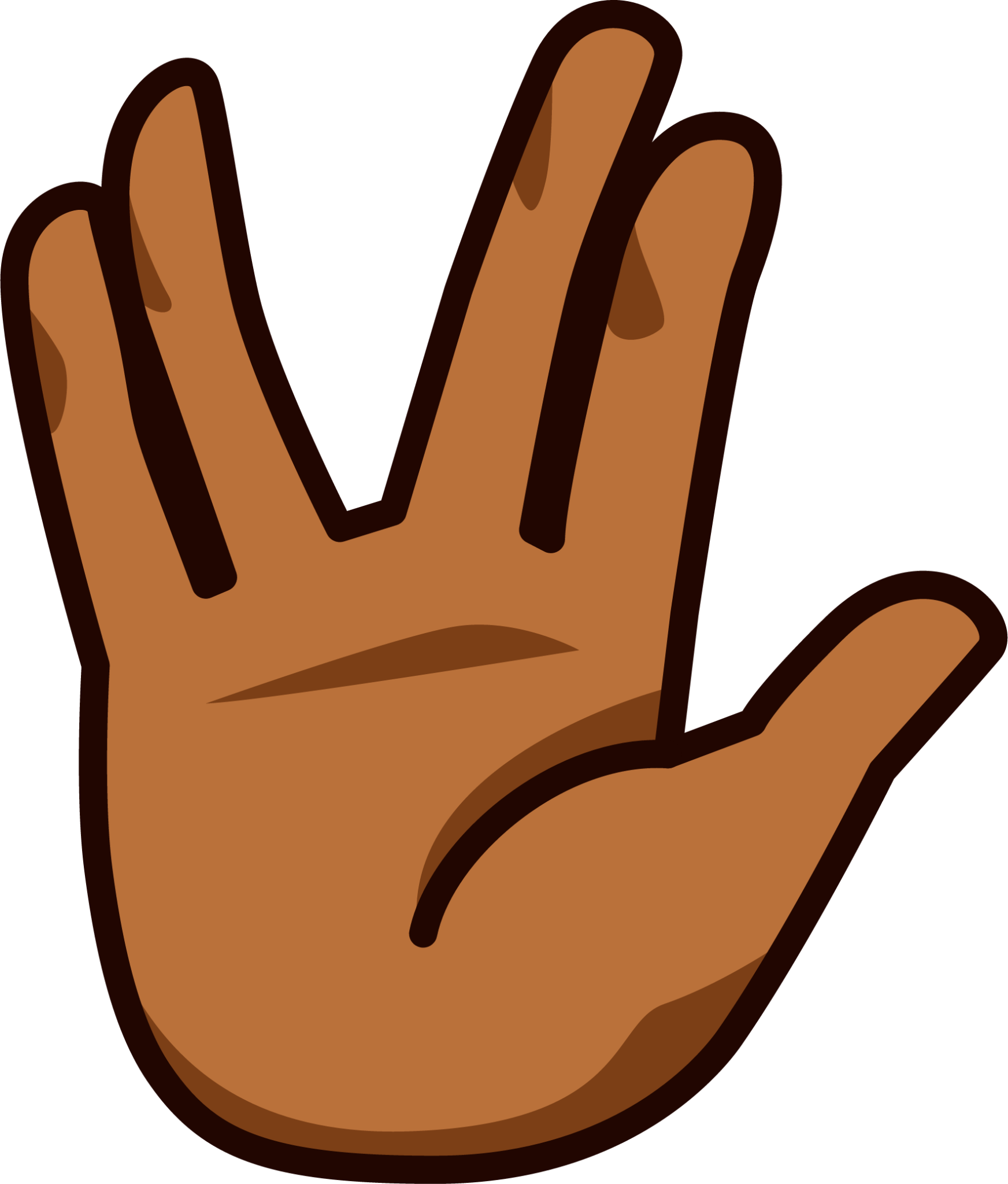 raised hand with part between middle and ring fingers (brown) emoji