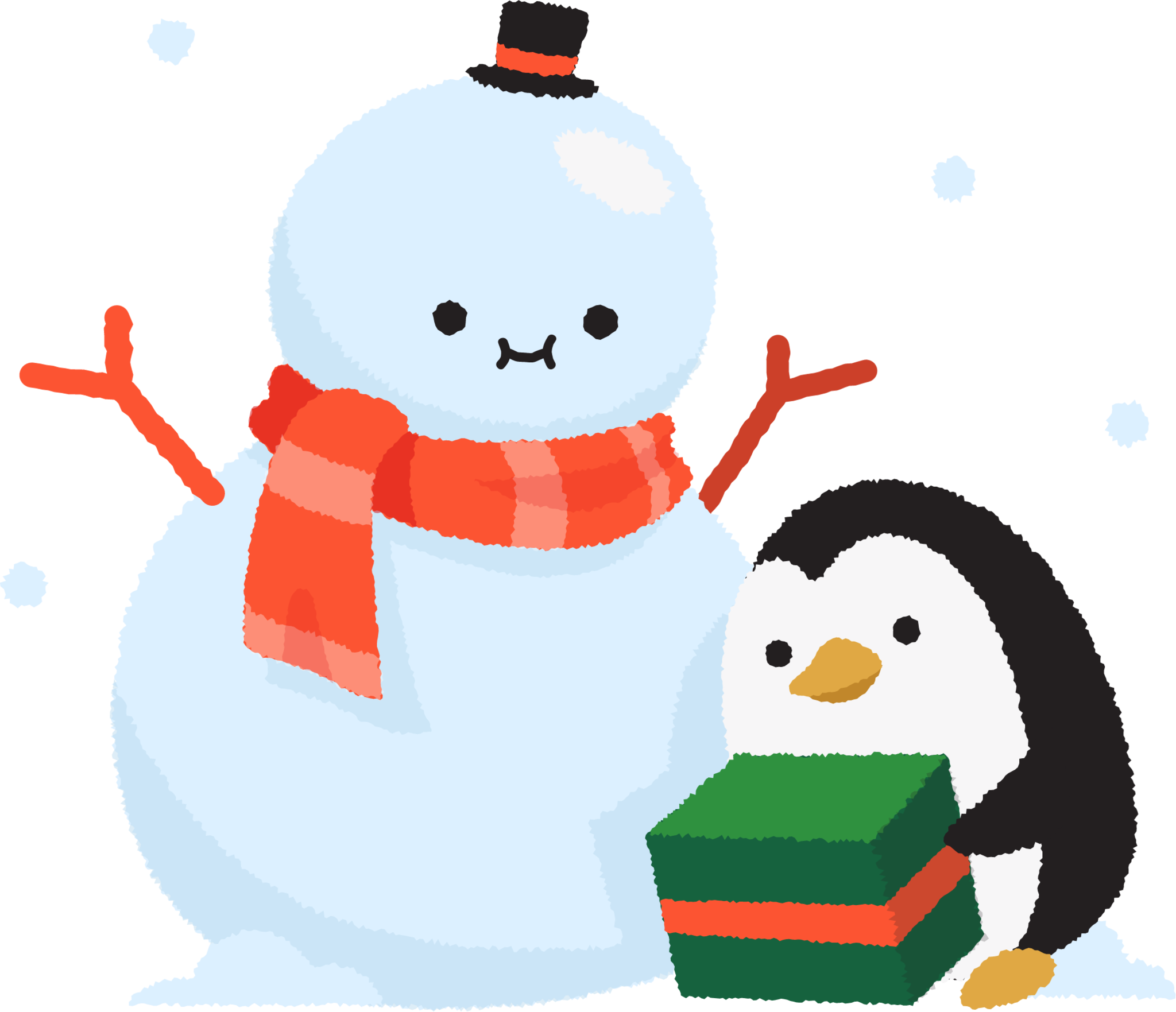 Snowman with penguin cute cartoon christmas holiday holidays illustration
