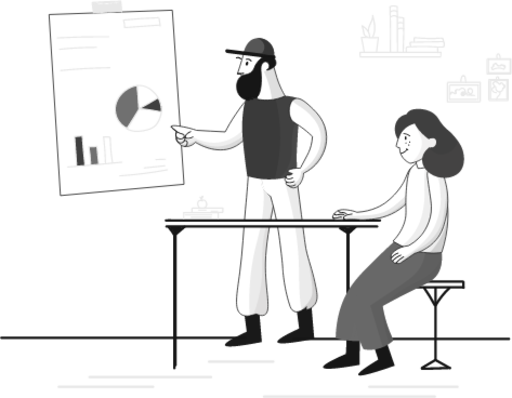 teaching people man woman presenting desk office work illustration