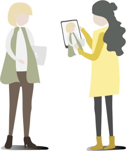 two woman standing tablets illustration