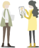 two woman standing tablets illustration