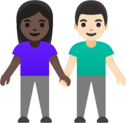 woman and man holding hands: dark skin tone, light skin tone emoji