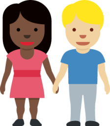woman and man holding hands: dark skin tone, medium-light skin tone emoji