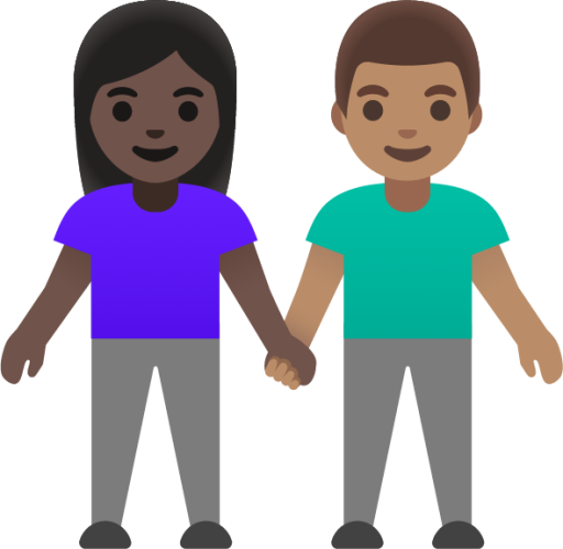woman and man holding hands: dark skin tone, medium skin tone emoji