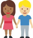 woman and man holding hands: medium-dark skin tone, medium-light skin tone emoji