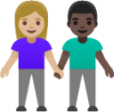 woman and man holding hands: medium-light skin tone, dark skin tone emoji