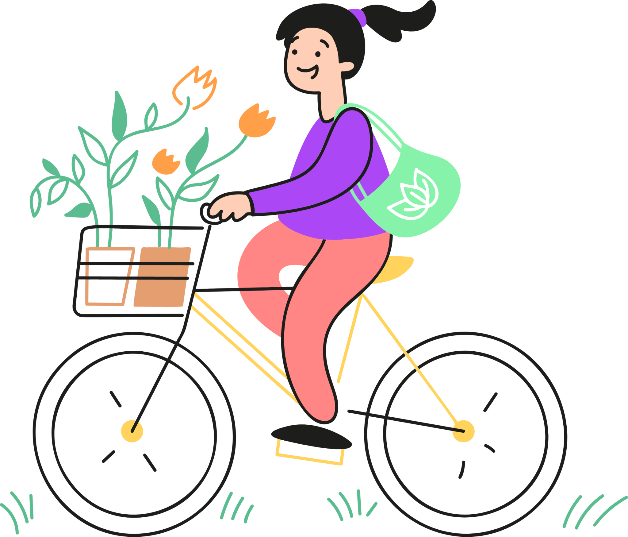 woman bicycle flowers illustration