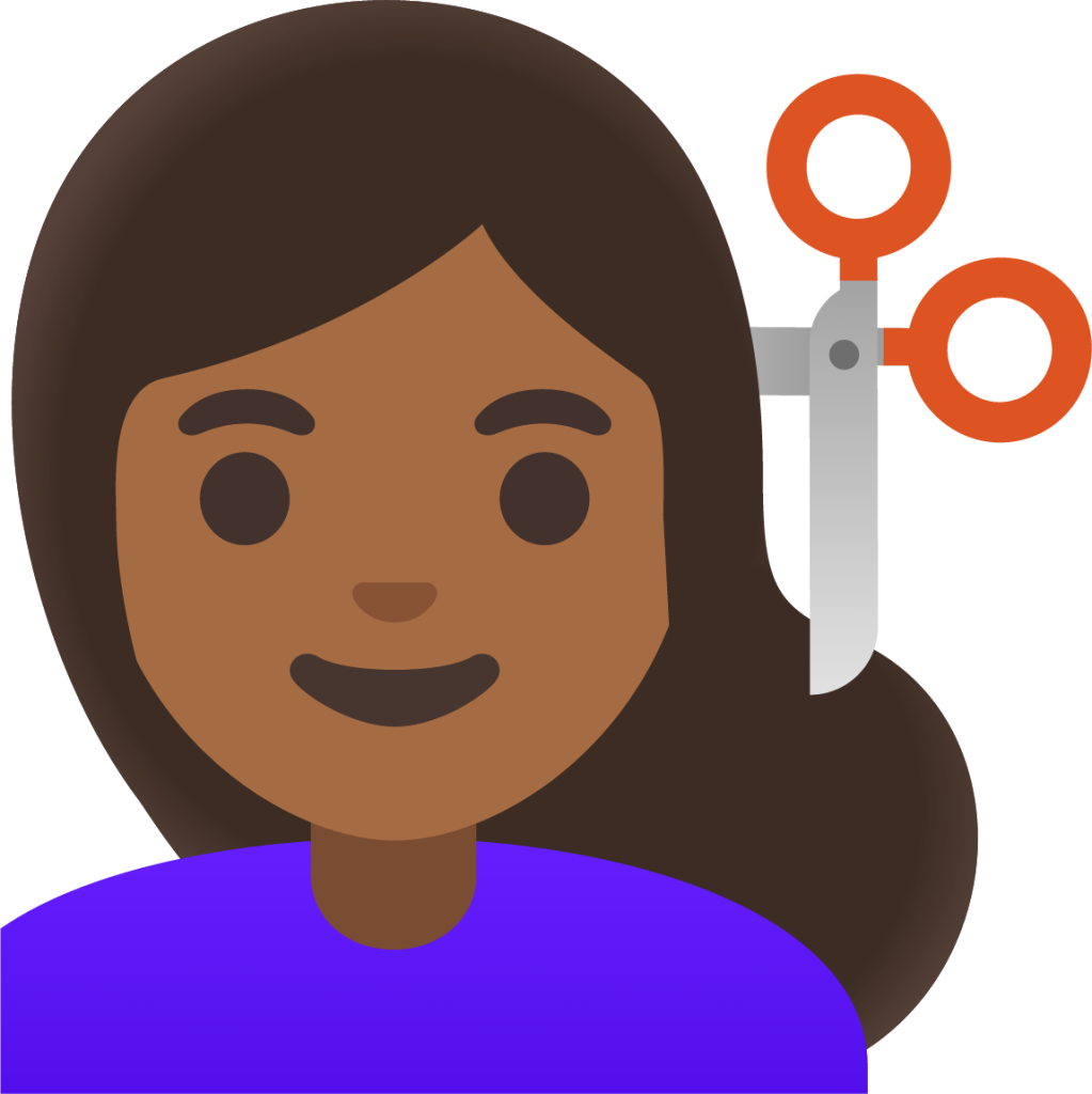 woman getting haircut: medium-dark skin tone emoji