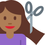 woman getting haircut: medium-dark skin tone emoji
