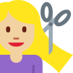 woman getting haircut: medium-light skin tone emoji