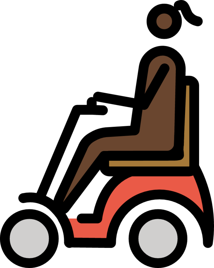woman in motorized wheelchair: dark skin tone emoji
