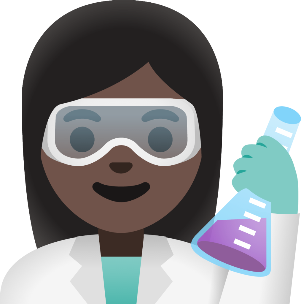 woman scientist: dark skin tone emoji