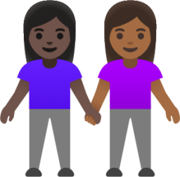 women holding hands: dark skin tone, medium-dark skin tone emoji