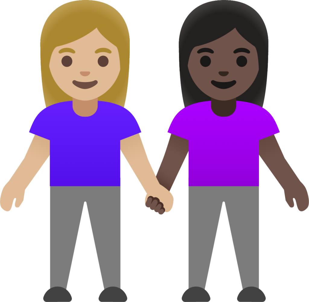 women holding hands: medium-light skin tone, dark skin tone emoji