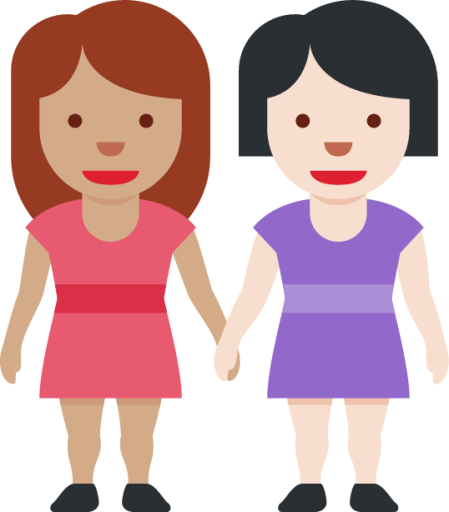 women holding hands: medium skin tone, light skin tone emoji